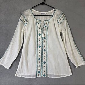 SEVYA HANDMADE Peasant Tunic Top Cotton Crinkle Gauze Sz Large Beachy Ivory Aqua